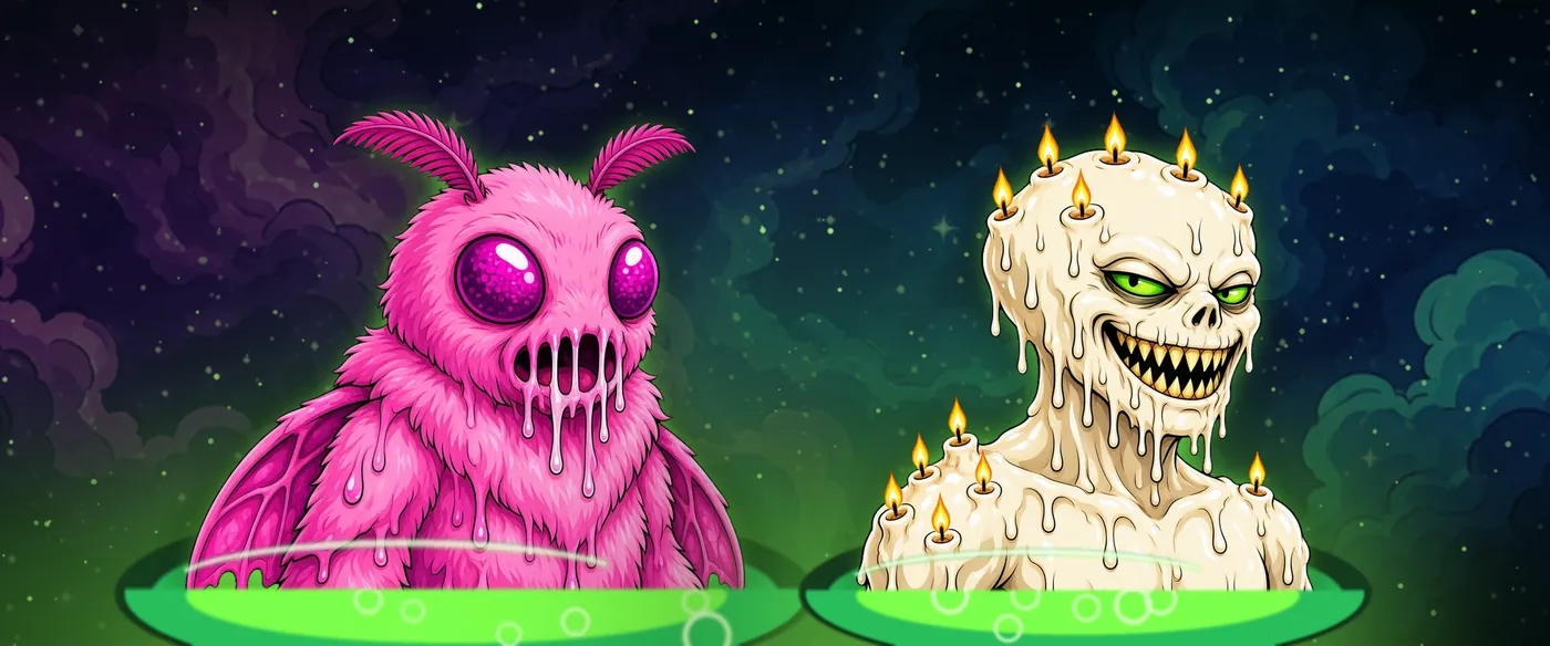 A Classic and a Mutated Oozling side by side, the mutated one glowing brighter