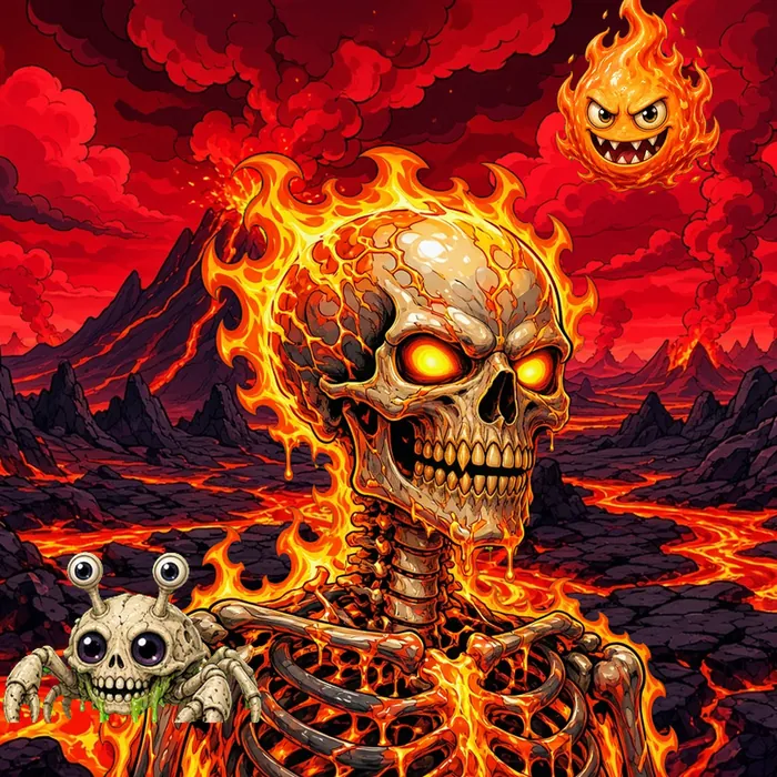 Fire Skull Oozling engulfed in flames by a lava field