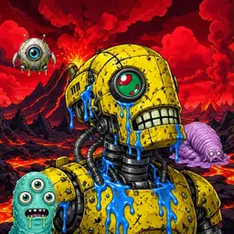 Oozlings #1614, Mutated Rusty Robot · Lava Fields