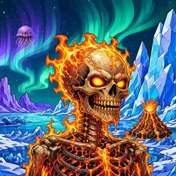Oozlings #5455, Fire Skull · Aurora Ice