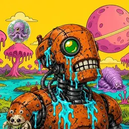 Oozlings #632, Rusty Robot · Turquoise Swamp
