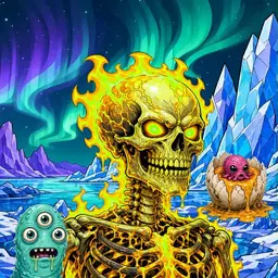 Oozlings #73, Mutated Fire Skull · Aurora Ice
