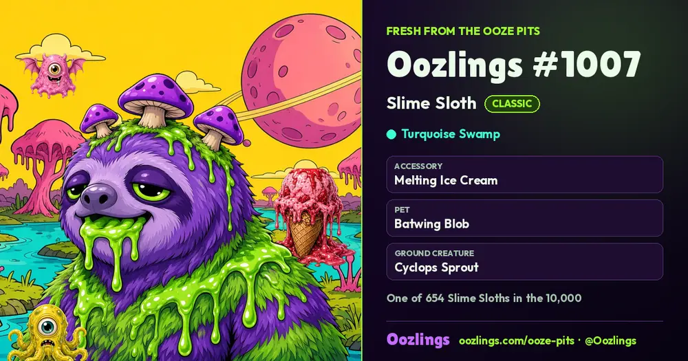 Oozlings #1007, a Classic Slime Sloth in Turquoise Swamp