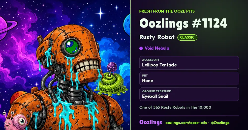 Oozlings #1124, a Classic Rusty Robot in Void Nebula