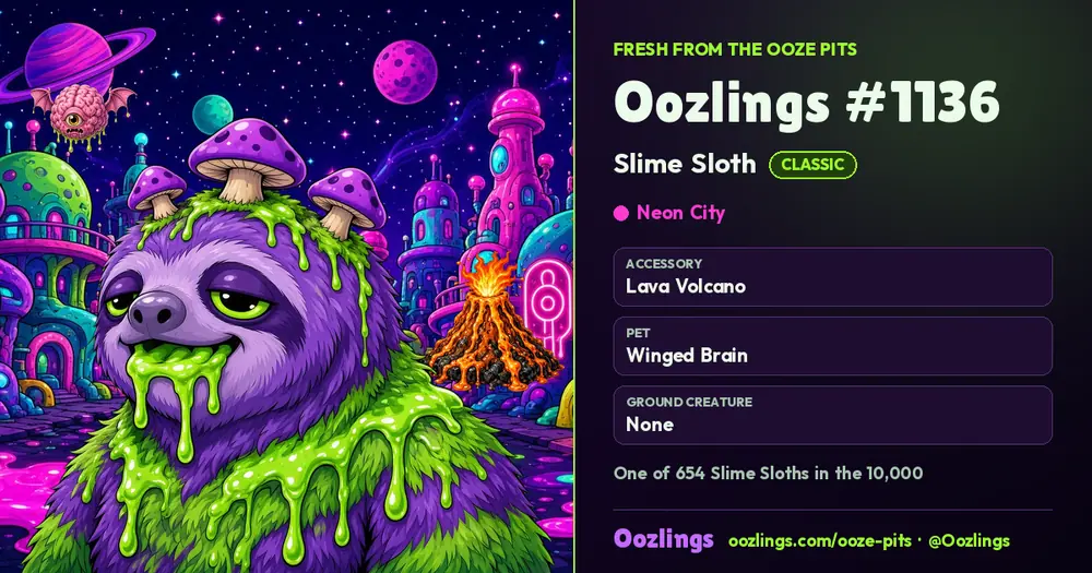 Oozlings #1136, a Classic Slime Sloth in Neon City