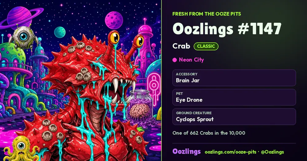 Oozlings #1147, a Classic Crab in Neon City