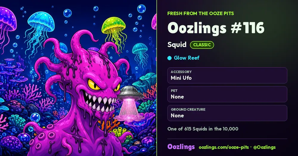 Oozlings #116, a Classic Squid in Glow Reef