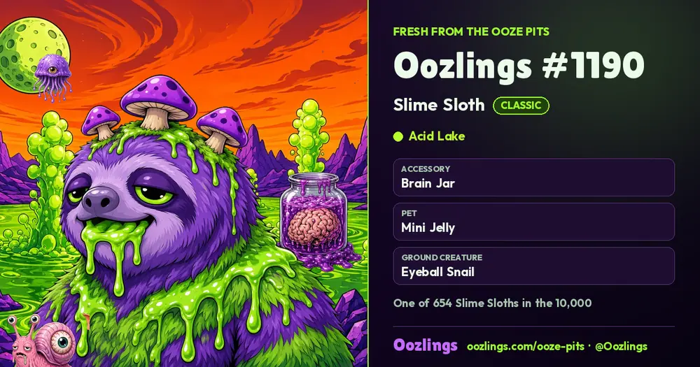 Oozlings #1190, a Classic Slime Sloth in Acid Lake