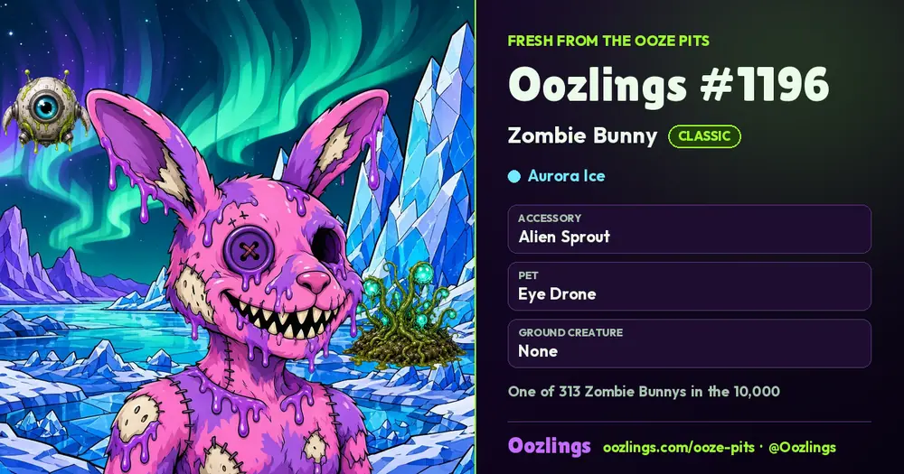 Oozlings #1196, a Classic Zombie Bunny in Aurora Ice