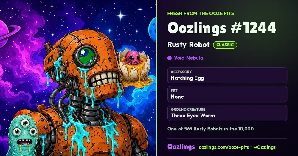 Oozlings #1244, a Classic Rusty Robot in Void Nebula