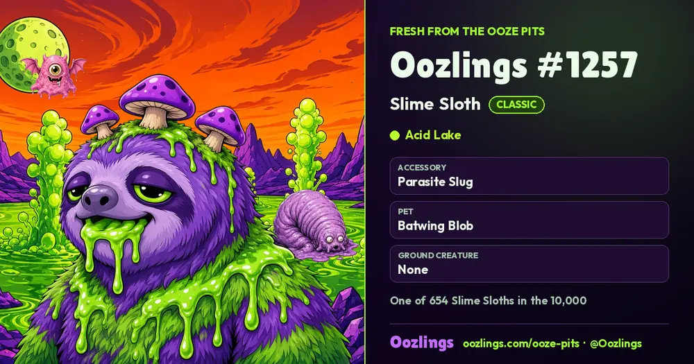 Oozlings #1257, a Classic Slime Sloth in Acid Lake
