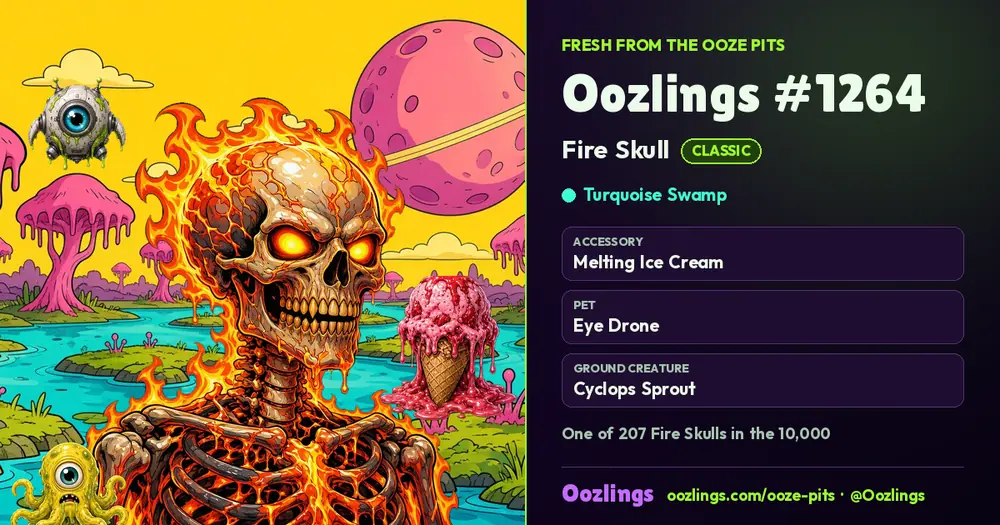 Oozlings #1264, a Classic Fire Skull in Turquoise Swamp