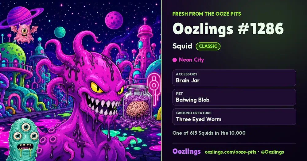 Oozlings #1286, a Classic Squid in Neon City