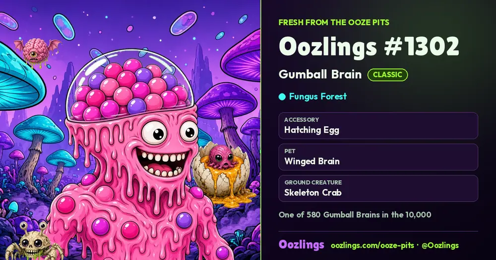 Oozlings #1302, a Classic Gumball Brain in Fungus Forest