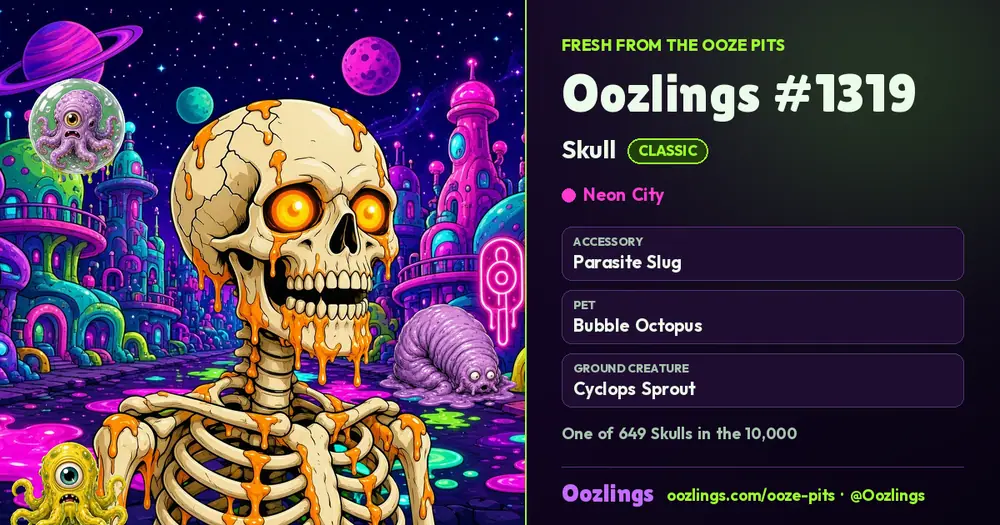 Oozlings #1319, a Classic Skull in Neon City
