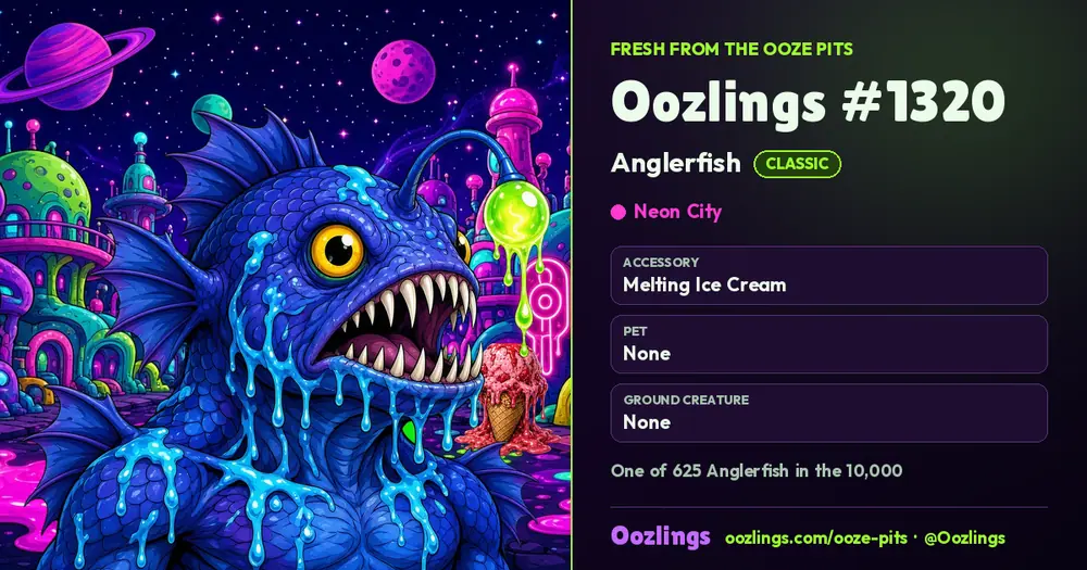 Oozlings #1320, a Classic Anglerfish in Neon City