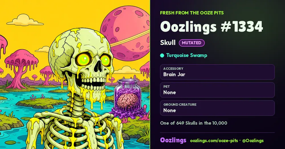 Oozlings #1334, a Mutated Skull in Turquoise Swamp