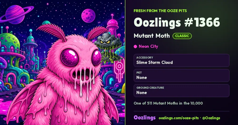 Oozlings #1366, a Classic Mutant Moth in Neon City
