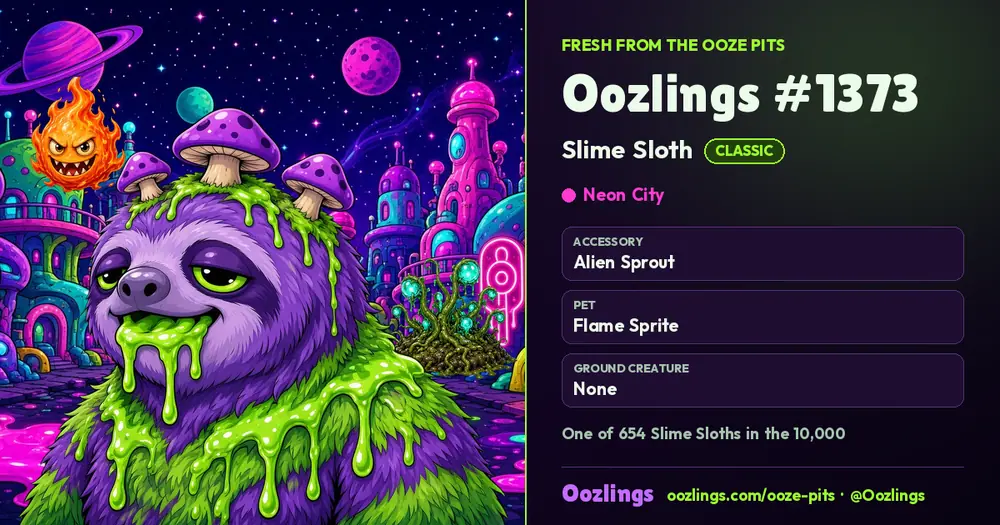 Oozlings #1373, a Classic Slime Sloth in Neon City