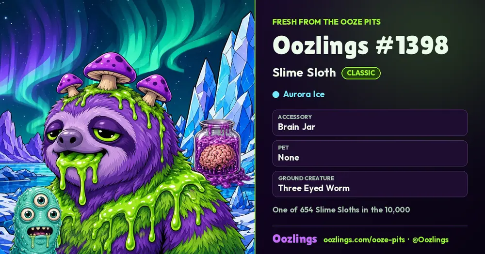 Oozlings #1398, a Classic Slime Sloth in Aurora Ice