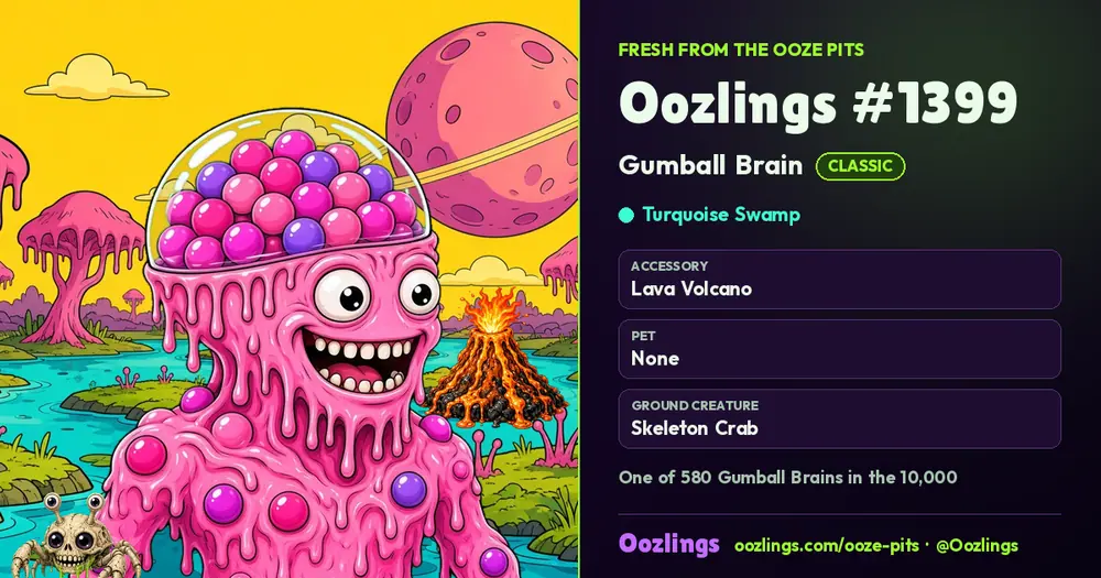 Oozlings #1399, a Classic Gumball Brain in Turquoise Swamp