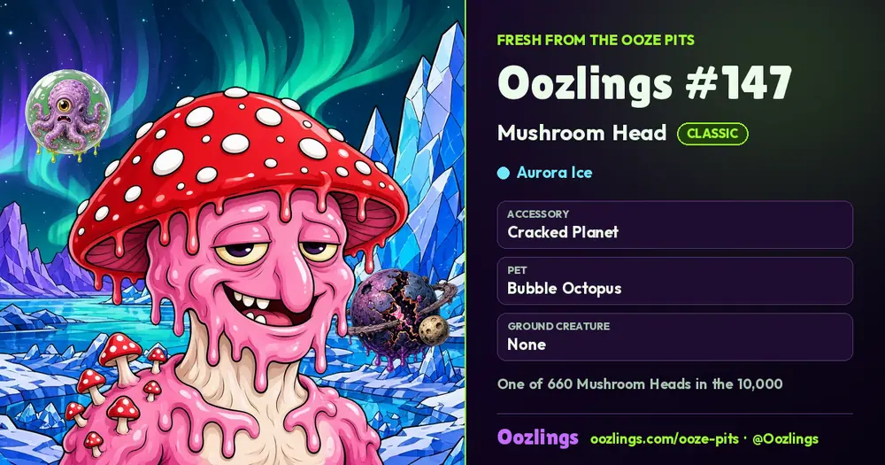 Oozlings #147, a Classic Mushroom Head in Aurora Ice