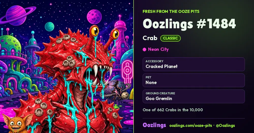 Oozlings #1484, a Classic Crab in Neon City