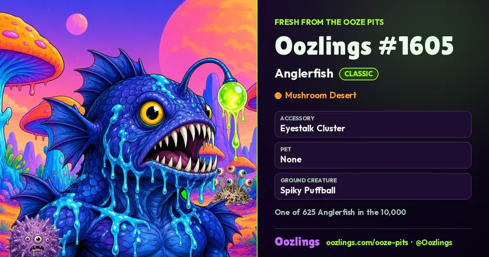 Oozlings #1605, a Classic Anglerfish in Mushroom Desert