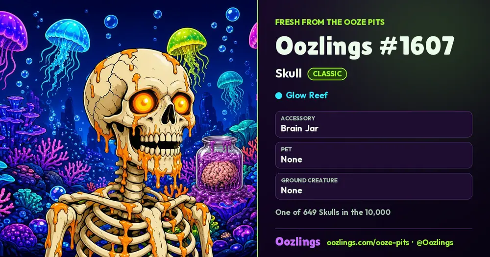 Oozlings #1607, a Classic Skull in Glow Reef