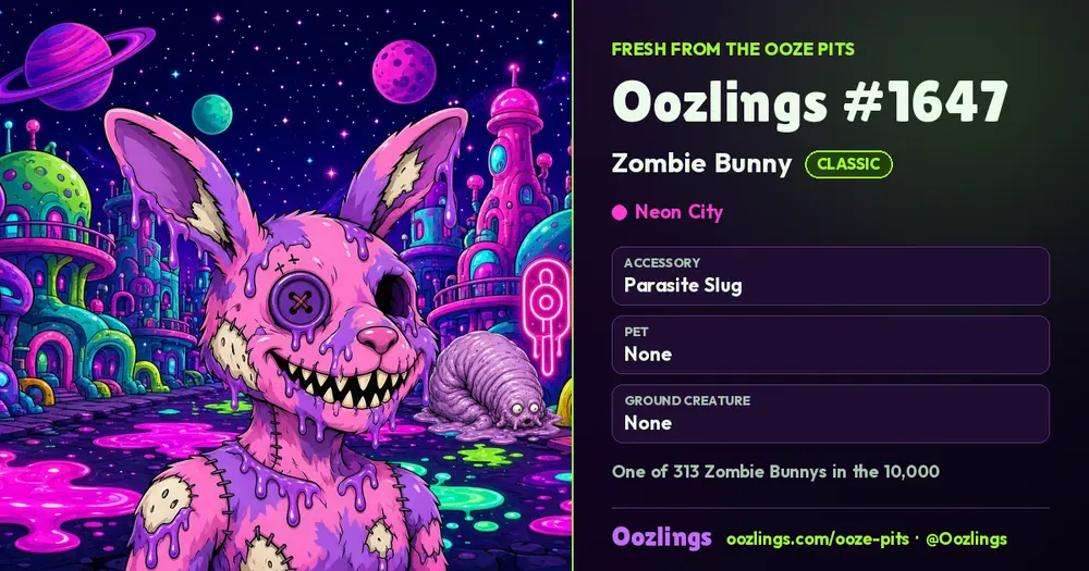 Oozlings #1647, a Classic Zombie Bunny in Neon City