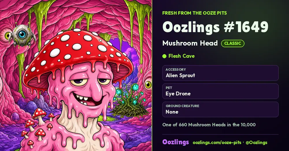 Oozlings #1649, a Classic Mushroom Head in Flesh Cave