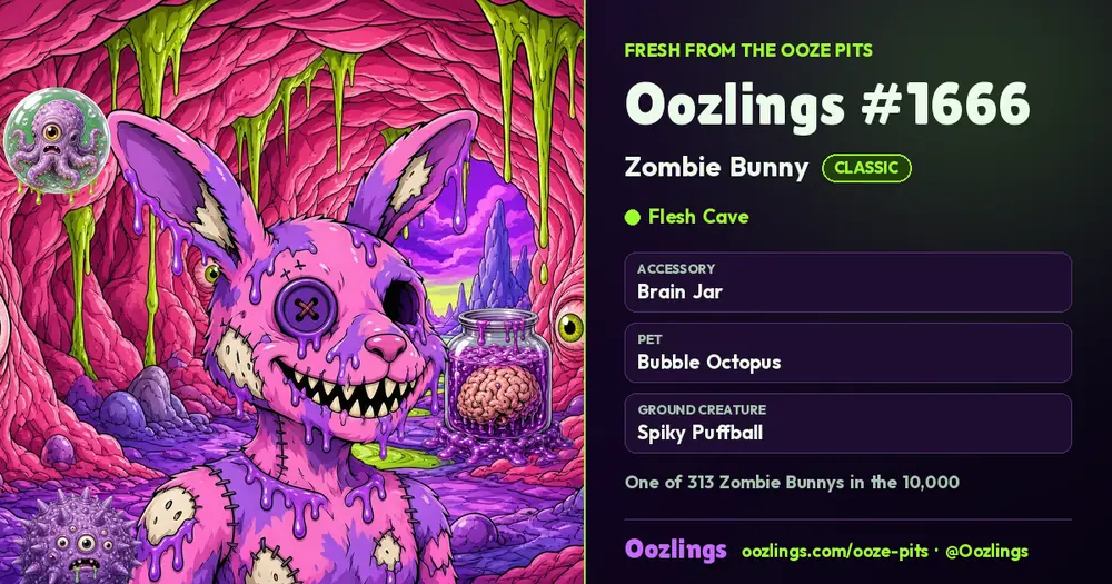 Oozlings #1666, a Classic Zombie Bunny in Flesh Cave