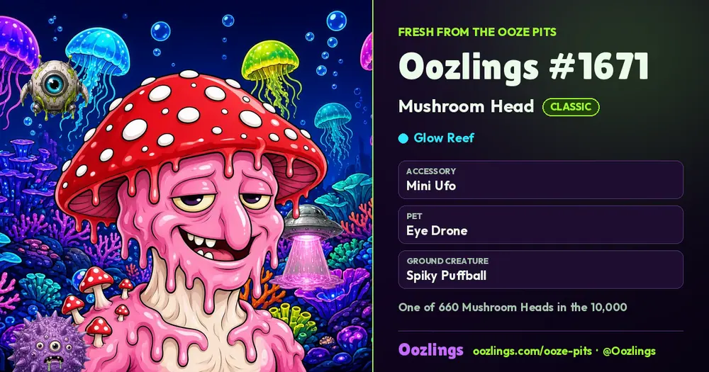 Oozlings #1671, a Classic Mushroom Head in Glow Reef