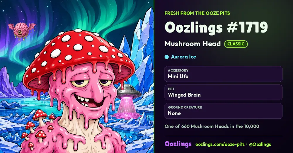 Oozlings #1719, a Classic Mushroom Head in Aurora Ice
