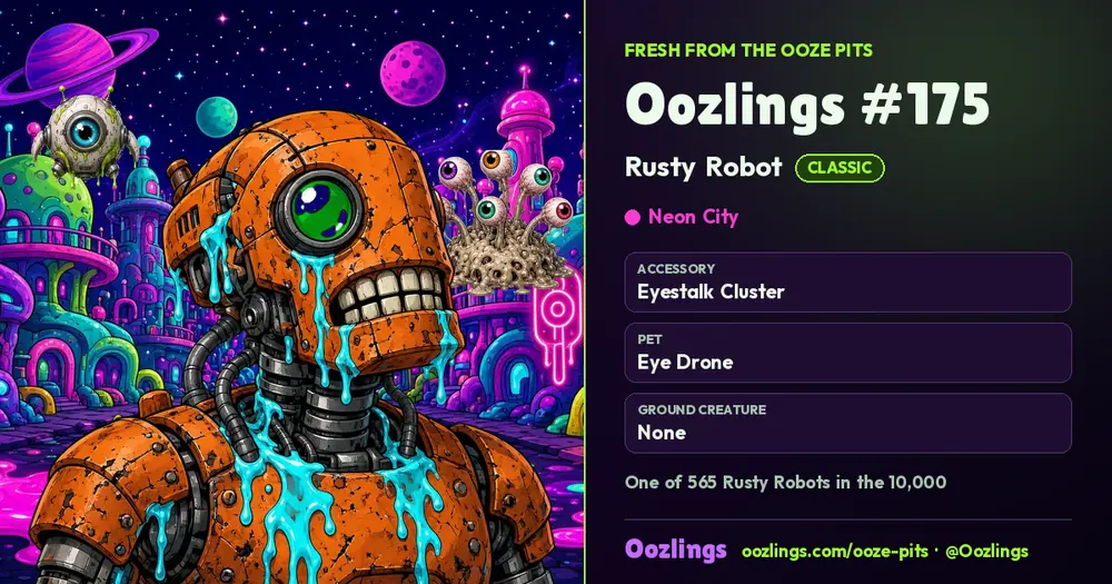 Oozlings #175, a Classic Rusty Robot in Neon City
