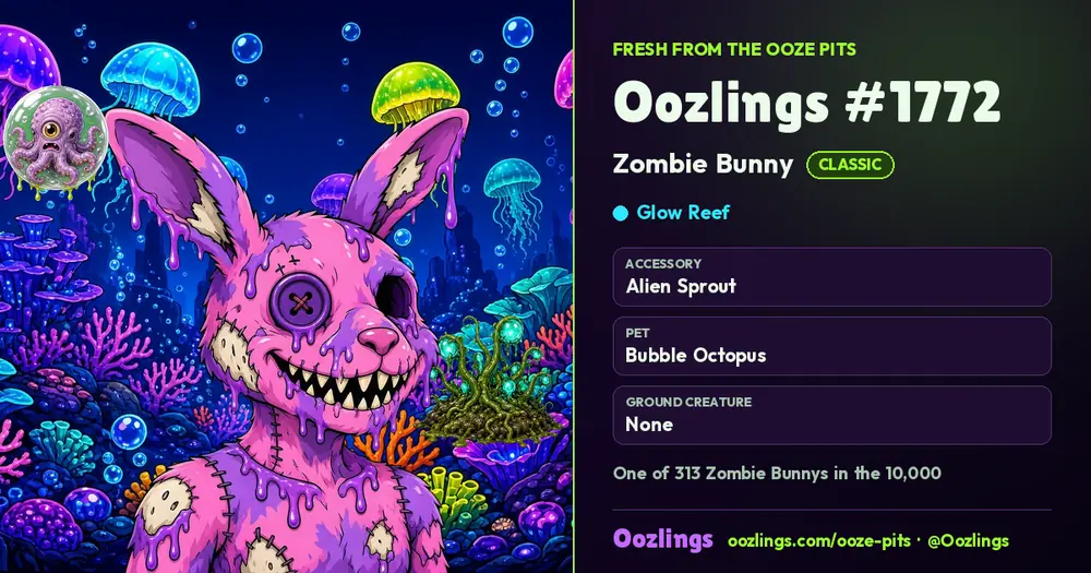 Oozlings #1772, a Classic Zombie Bunny in Glow Reef