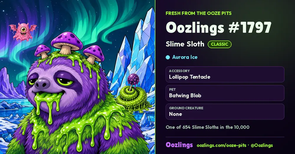 Oozlings #1797, a Classic Slime Sloth in Aurora Ice