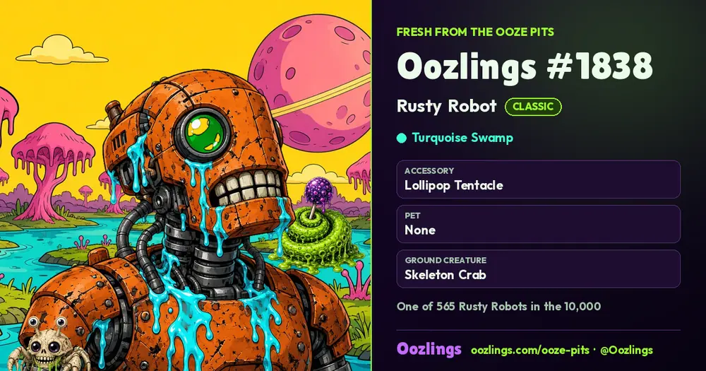 Oozlings #1838, a Classic Rusty Robot in Turquoise Swamp