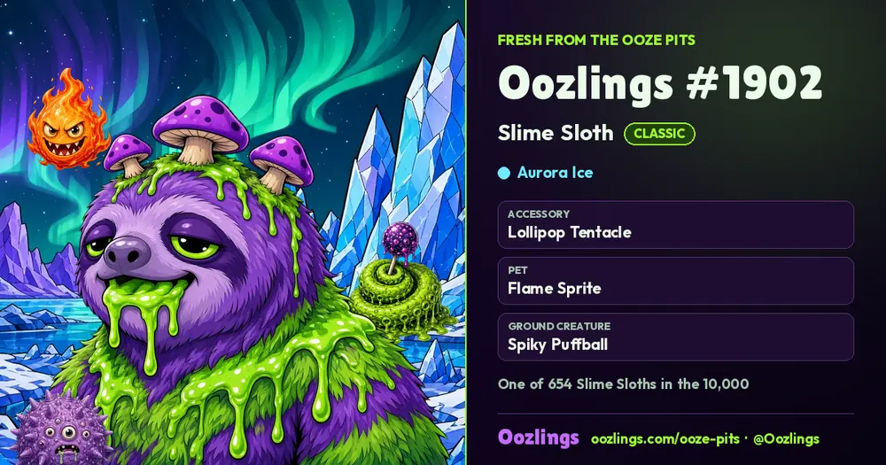 Oozlings #1902, a Classic Slime Sloth in Aurora Ice
