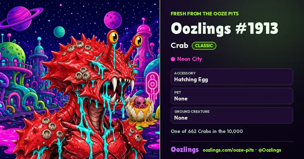Oozlings #1913, a Classic Crab in Neon City