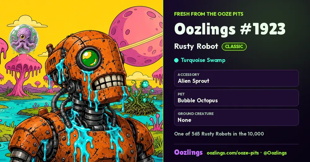 Oozlings #1923, a Classic Rusty Robot in Turquoise Swamp
