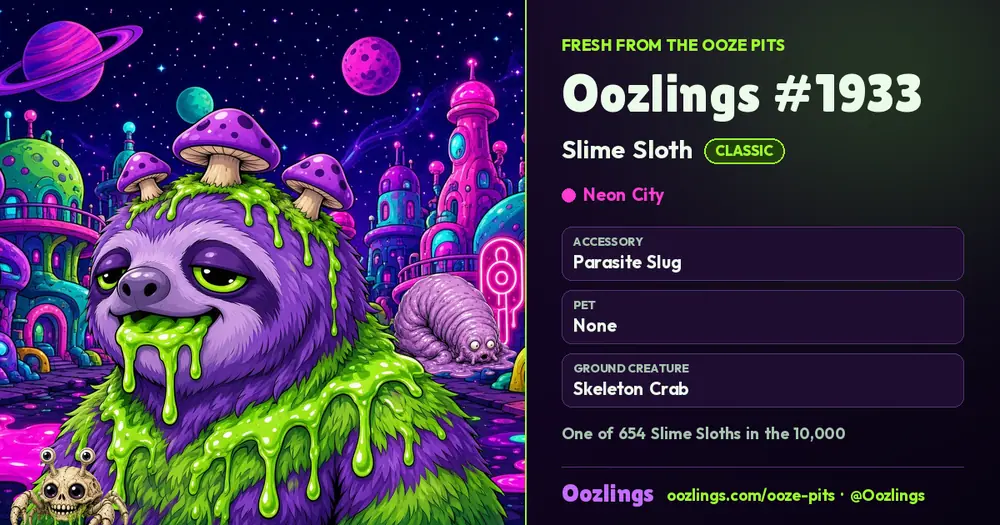 Oozlings #1933, a Classic Slime Sloth in Neon City