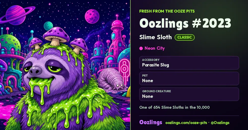 Oozlings #2023, a Classic Slime Sloth in Neon City