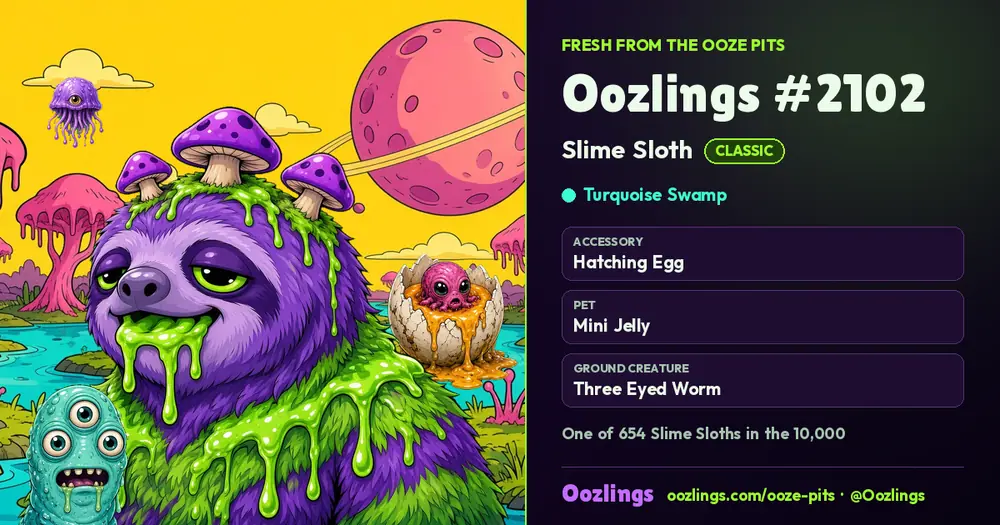 Oozlings #2102, a Classic Slime Sloth in Turquoise Swamp