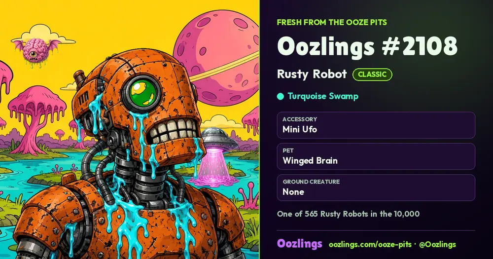 Oozlings #2108, a Classic Rusty Robot in Turquoise Swamp