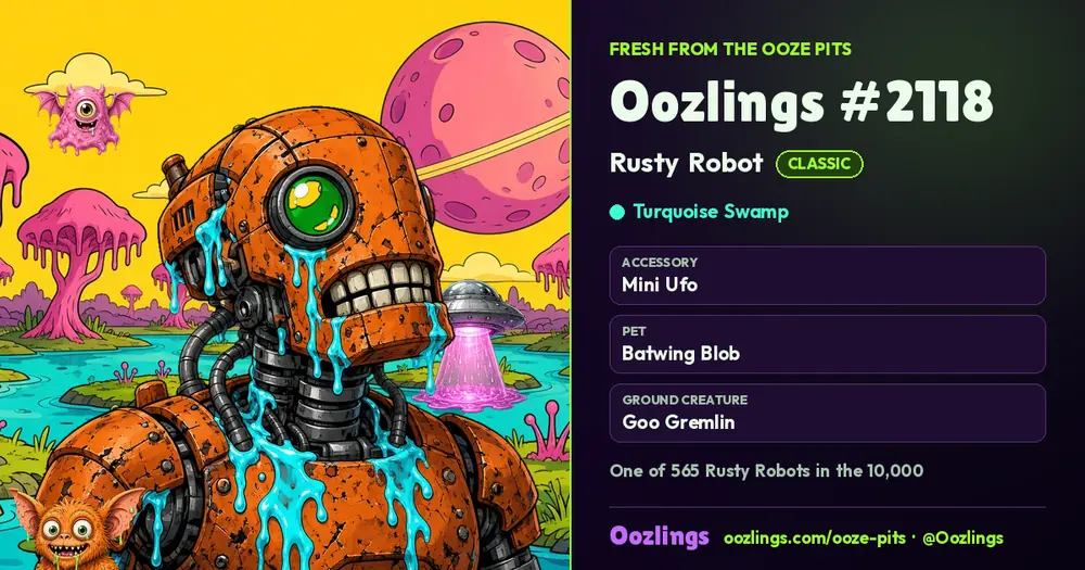 Oozlings #2118, a Classic Rusty Robot in Turquoise Swamp