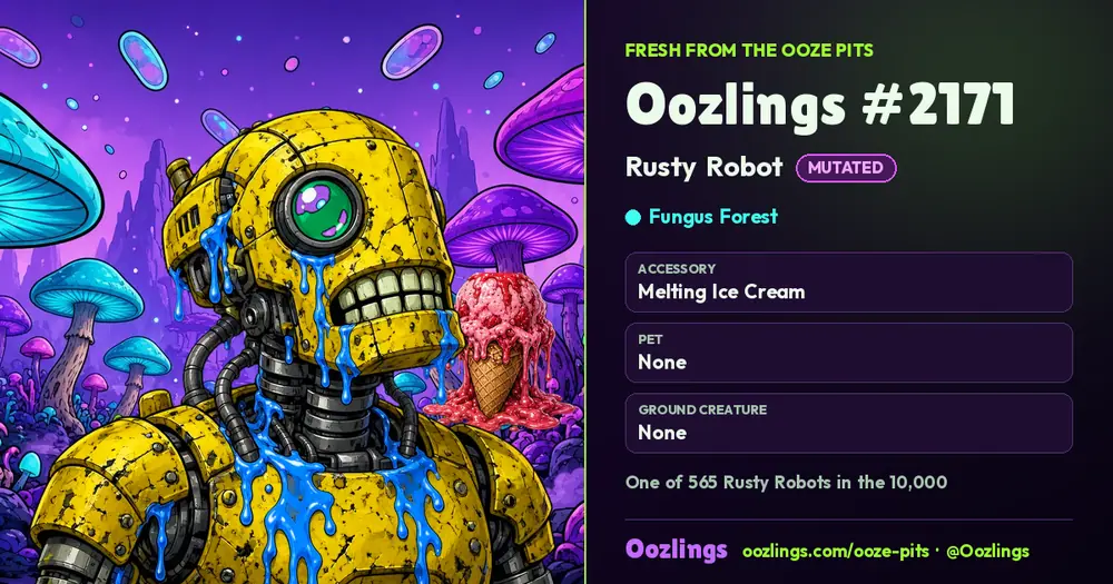 Oozlings #2171, a Mutated Rusty Robot in Fungus Forest