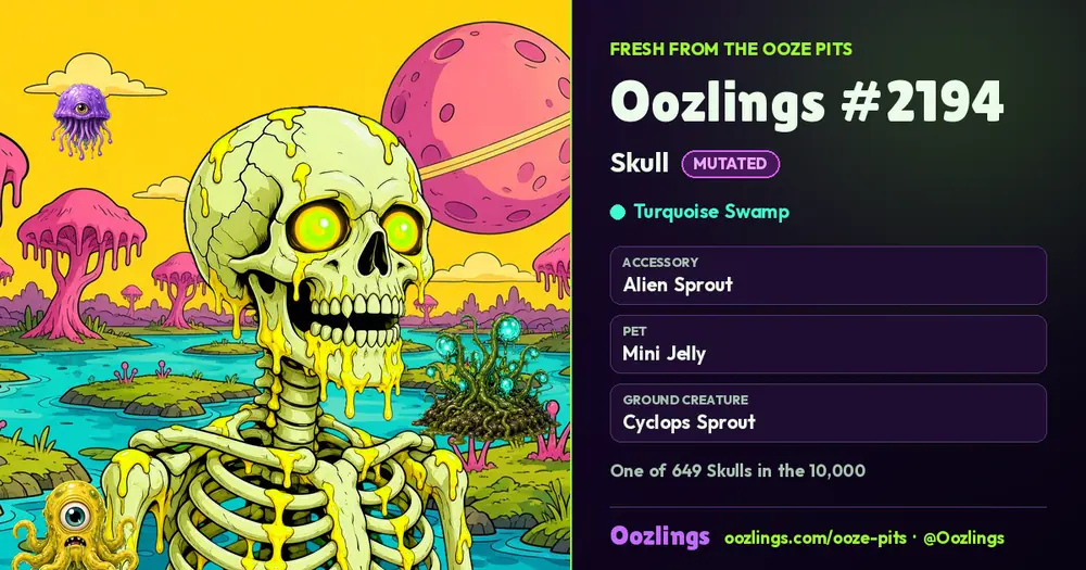 Oozlings #2194, a Mutated Skull in Turquoise Swamp
