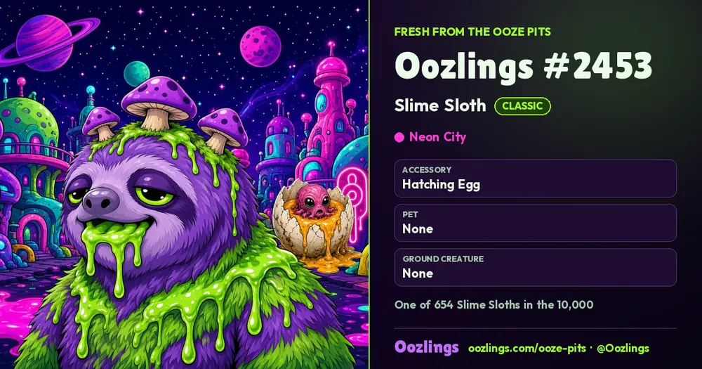 Oozlings #2453, a Classic Slime Sloth in Neon City