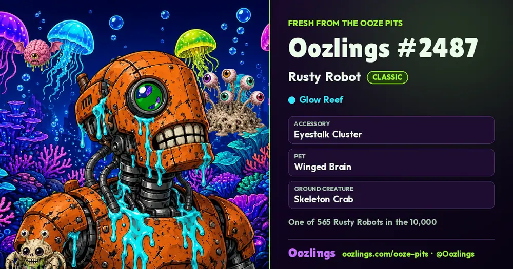 Oozlings #2487, a Classic Rusty Robot in Glow Reef